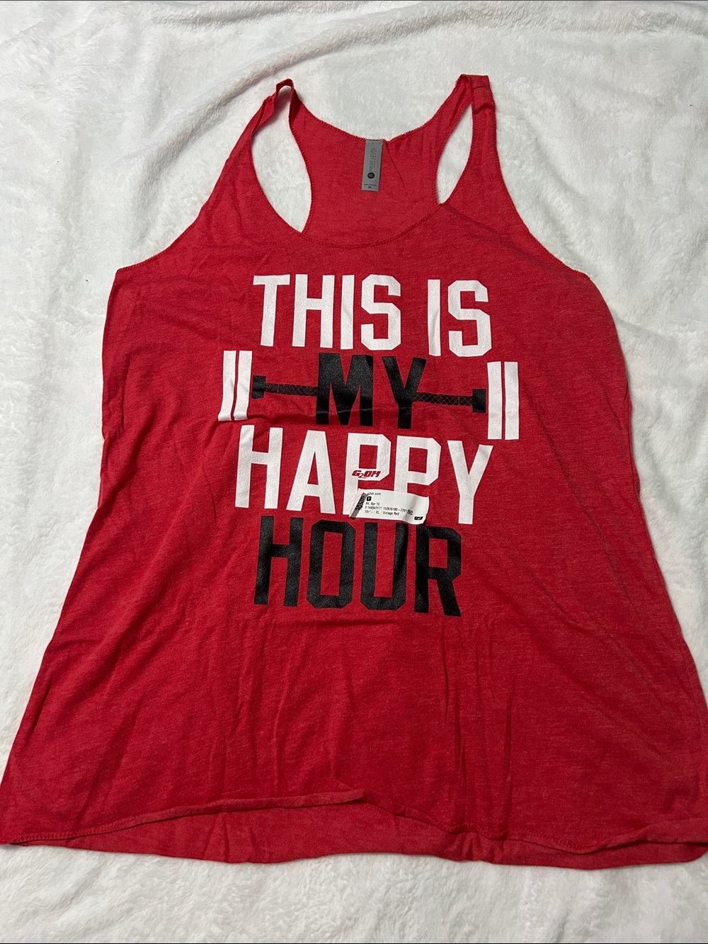 Red Racerback Tank Top with 'This Is My Happy Hour' Graphic